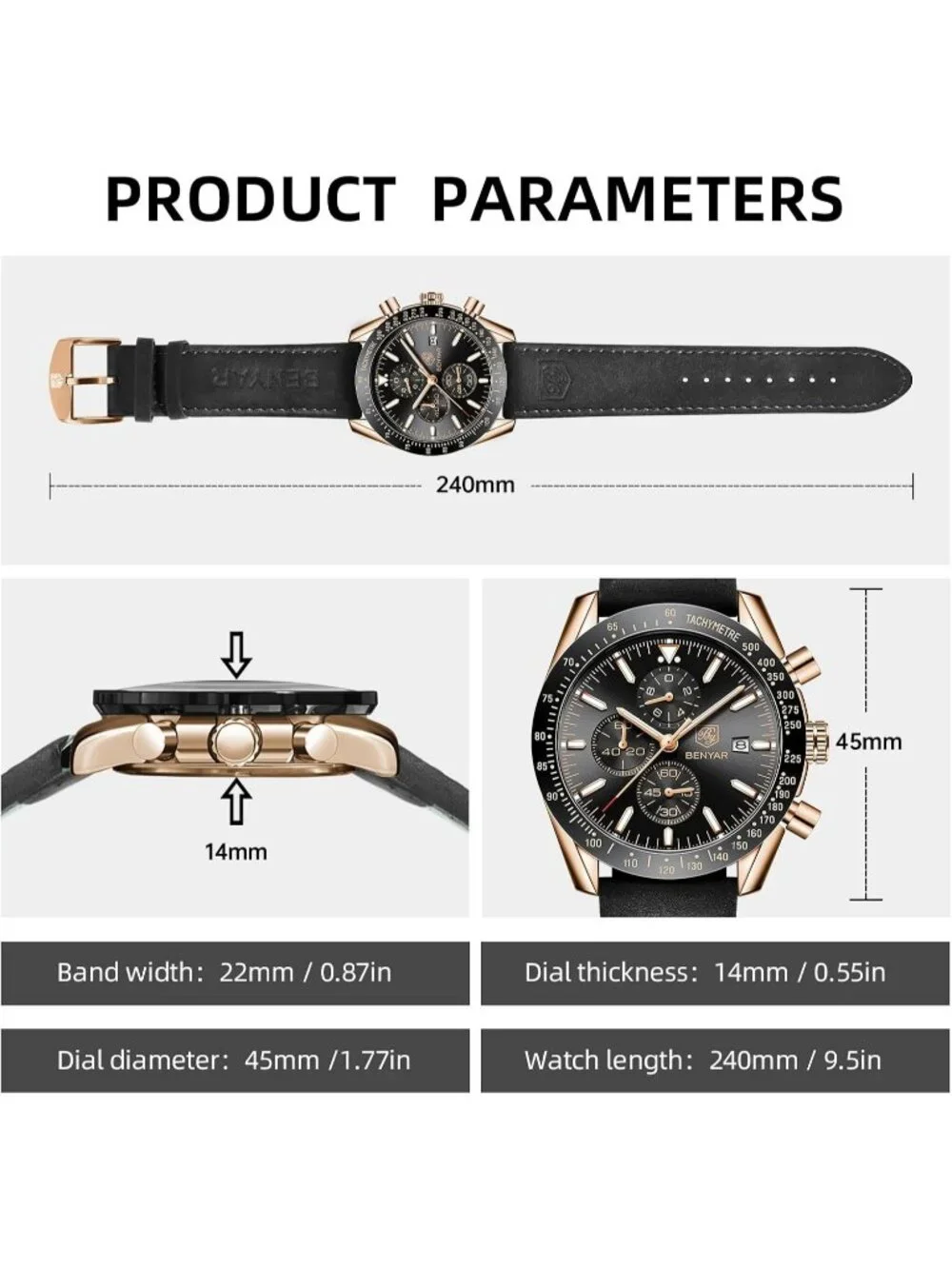 Mens Gold Black Analog Silicone Strap Chronograph Luminous Designer Casual Watch
